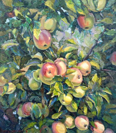 Painting titled "Apples" by Evgenii, Original Artwork, Oil Mounted on Wood Stretcher frame