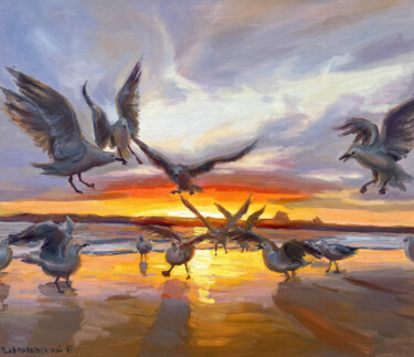 Painting titled "Seagulls" by Evgenii, Original Artwork, Oil Mounted on Wood Stretcher frame