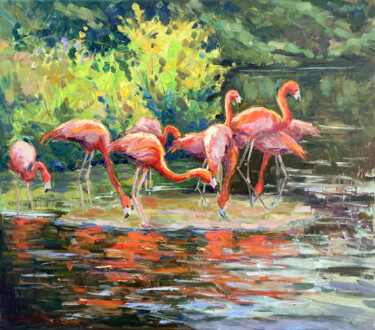 Painting titled "Flamingo" by Evgenii, Original Artwork, Oil Mounted on Wood Stretcher frame