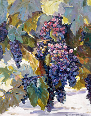 Painting titled "Grape branch" by Evgenii, Original Artwork, Oil Mounted on Wood Stretcher frame