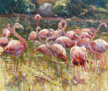 Painting titled "Pond with flamingos" by Evgenii, Original Artwork, Oil Mounted on Wood Stretcher frame
