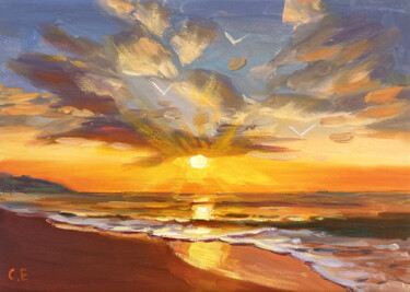 Painting titled "Sunrise" by Evgenii, Original Artwork, Oil Mounted on Wood Stretcher frame