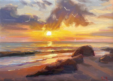 Painting titled "sunset embankment" by Evgeny Chernyakovsky, Original Artwork, Oil Mounted on Wood Stretcher frame