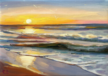Painting titled "Sea morning" by Evgenii, Original Artwork, Oil Mounted on Wood Stretcher frame