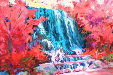 Painting titled "Mountain waterfall" by Evgenii, Original Artwork, Oil Mounted on Wood Stretcher frame
