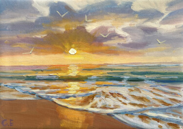 Painting titled "Morning embankment" by Evgeny Chernyakovsky, Original Artwork, Oil Mounted on Wood Stretcher frame
