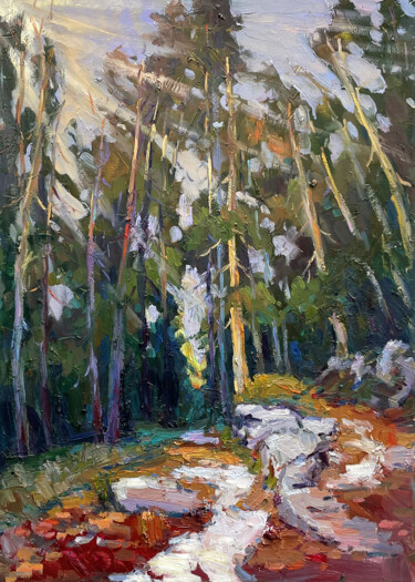 Painting titled "Forest" by Evgenii, Original Artwork, Oil Mounted on Wood Stretcher frame
