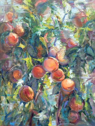 Painting titled "Tree with peaches" by Evgeny Chernyakovsky, Original Artwork, Oil Mounted on Wood Stretcher frame