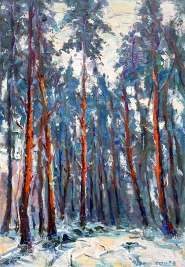 Painting titled "Winter forest" by Evgenii, Original Artwork, Oil Mounted on Wood Stretcher frame