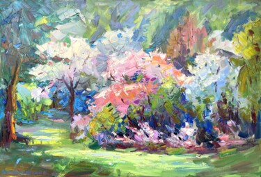 Painting titled "Blooming garden" by Evgenii, Original Artwork, Oil Mounted on Wood Stretcher frame