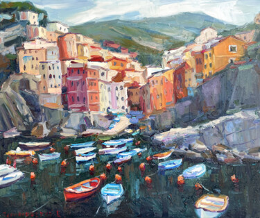 Painting titled "Boats at the pier" by Evgenii, Original Artwork, Oil Mounted on Wood Stretcher frame