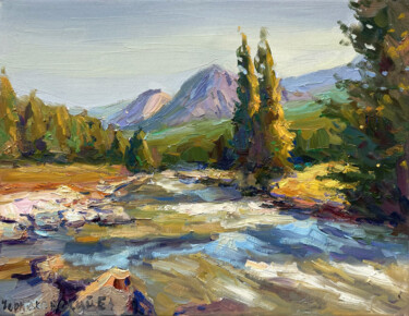 Painting titled "river stream" by Evgenii, Original Artwork, Oil Mounted on Wood Stretcher frame