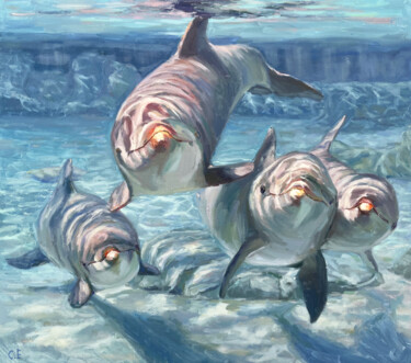 Painting titled "Dolphins" by Evgenii, Original Artwork, Oil Mounted on Wood Stretcher frame