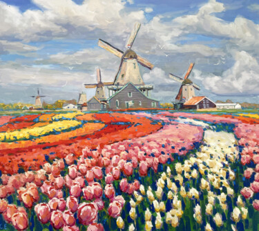 Schilderij getiteld "Tulips in Holland" door Evgenii, Origineel Kunstwerk, Olie Gemonteerd op Frame voor houten brancard