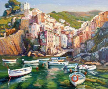 Painting titled "Riomaggiore" by Evgenii, Original Artwork, Oil Mounted on Wood Stretcher frame