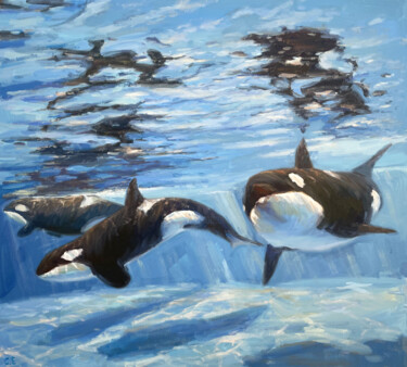 Painting titled "killer whale" by Evgenii, Original Artwork, Oil Mounted on Wood Stretcher frame