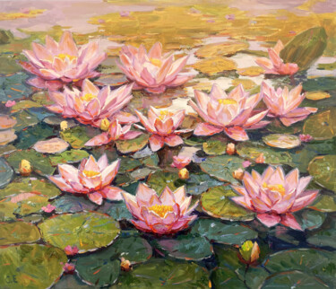 Painting titled ""Water Lily Pond"" by Evgenii, Original Artwork, Oil Mounted on Wood Stretcher frame