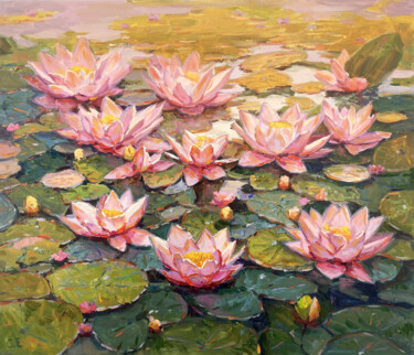 Pittura intitolato ""Water Lily Pond"" da Evgenii, Opera d'arte originale, Olio Montato su Telaio per barella in legno