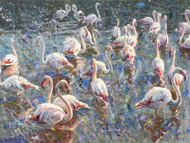 Painting titled "Flamingo Pond" by Evgenii, Original Artwork, Oil Mounted on Wood Stretcher frame