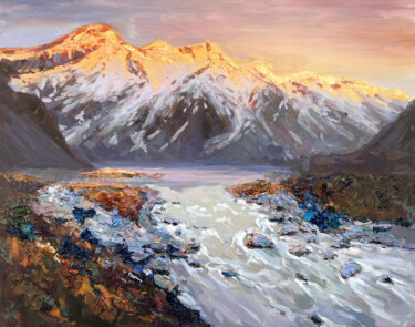 Painting titled "Alpine morning" by Evgenii, Original Artwork, Oil Mounted on Wood Stretcher frame