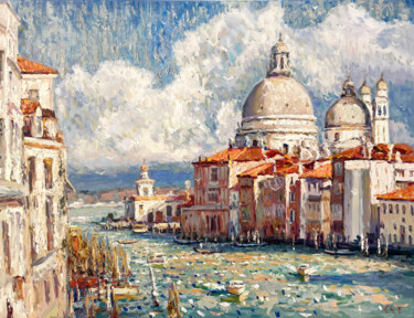 Painting titled "Venice Cathedral" by Evgenii, Original Artwork, Oil Mounted on Wood Stretcher frame