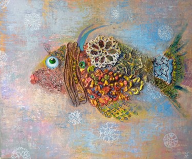 Картина под названием "Рыбка исполняющая т…" - Evgenia Erkenova, Подлинное произведение искусства, Коллажи Установлен на Дер…
