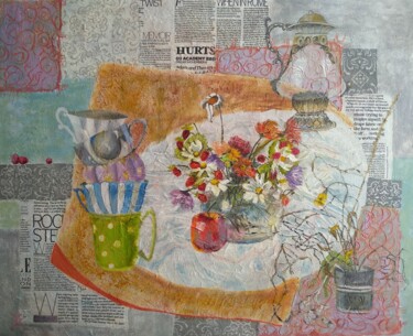 Картина под названием "Ромашки и земляника" - Evgenia Erkenova, Подлинное произведение искусства, Коллажи Установлен на Дере…