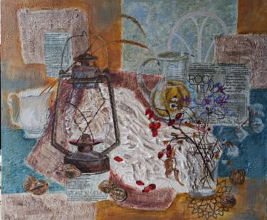 Painting titled "Натюрморт с лампой" by Evgenia Erkenova, Original Artwork, Collages Mounted on Wood Stretcher frame