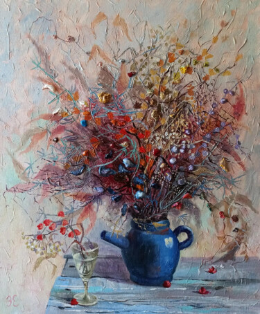 Peinture intitulée "Букет в синем чайни…" par Evgenia Erkenova, Œuvre d'art originale, Acrylique Monté sur Châssis en bois