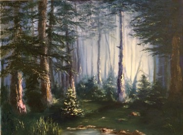 Painting titled "Mysterious Forest" by Evgenia Petrova, Original Artwork, Oil
