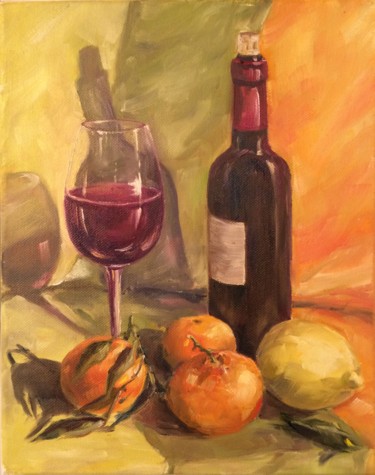 Painting titled "Wine and fruits" by Evgenia Petrova, Original Artwork, Oil