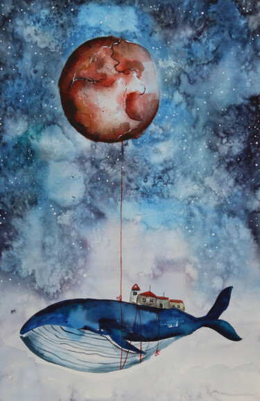 Painting titled "La Balena e la Luna…" by Evgenia Smirnova, Original Artwork, Watercolor