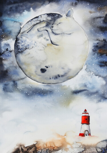 Pintura intitulada "Il Gatto è laLuna" por Evgenia Smirnova, Obras de arte originais, Aquarela