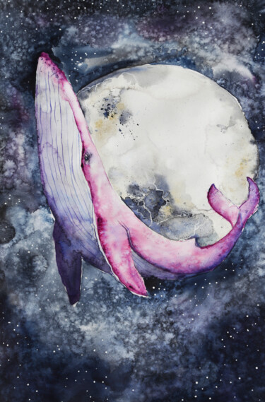 Malerei mit dem Titel "La Balena Rosa" von Evgenia Smirnova, Original-Kunstwerk, Aquarell