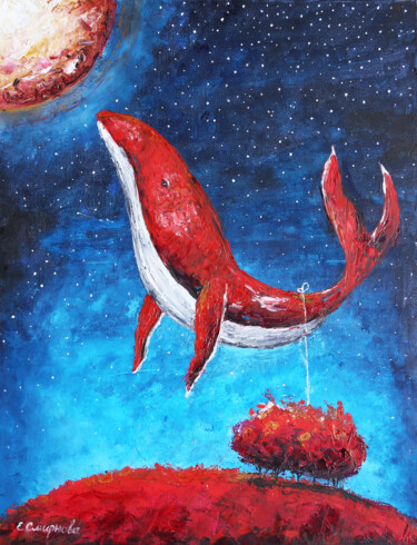 Schilderij getiteld "La balena rossa" door Evgenia Smirnova, Origineel Kunstwerk, Olie Gemonteerd op Frame voor houten branc…
