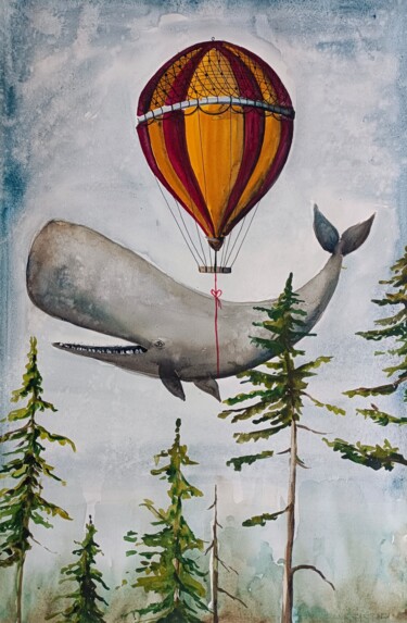 Pintura intitulada "Vintage Whale" por Evgenia Smirnova, Obras de arte originais, Aquarela