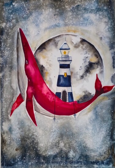 Pittura intitolato "La balena rossa e i…" da Evgenia Smirnova, Opera d'arte originale, Acquarello