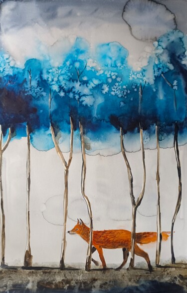 Pintura intitulada "La volpe nella fore…" por Evgenia Smirnova, Obras de arte originais, Aquarela