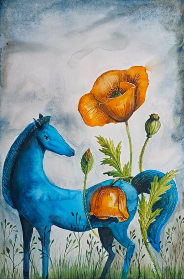 Pittura intitolato "Cavallo blu e papav…" da Evgenia Smirnova, Opera d'arte originale, Acquarello