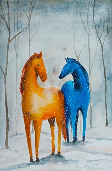 Pittura intitolato "Nella foresta fredda" da Evgenia Smirnova, Opera d'arte originale, Acquarello