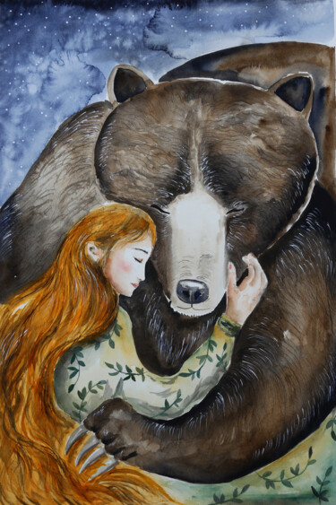 Peinture intitulée "Abbracciando un orso" par Evgenia Smirnova, Œuvre d'art originale, Aquarelle