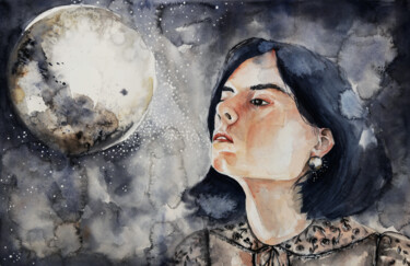 Malerei mit dem Titel "La ragazza e la Luna" von Evgenia Smirnova, Original-Kunstwerk, Aquarell