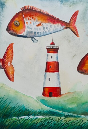 Malerei mit dem Titel "Il mondo dei pesci" von Evgenia Smirnova, Original-Kunstwerk, Aquarell