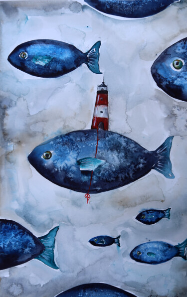 Pintura intitulada "Pesci blu" por Evgenia Smirnova, Obras de arte originais, Aquarela