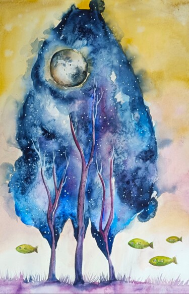 Pintura intitulada "Albero della notte" por Evgenia Smirnova, Obras de arte originais, Aquarela