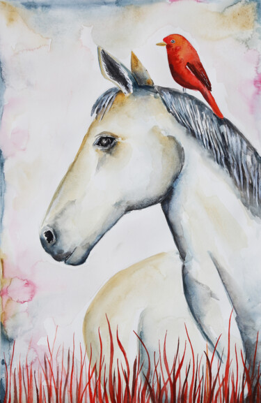 Картина под названием "Cavallo e ucellino…" - Evgenia Smirnova, Подлинное произведение искусства, Акварель