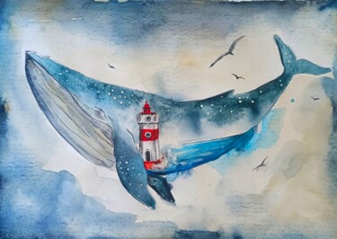 Pittura intitolato "La Balena Con Faro" da Evgenia Smirnova, Opera d'arte originale, Acquarello
