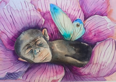 Картина под названием "La scimmietta che d…" - Evgenia Smirnova, Подлинное произведение искусства, Акварель