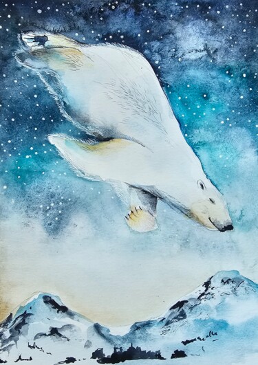 Peinture intitulée "L'orso fra le nuvole" par Evgenia Smirnova, Œuvre d'art originale, Aquarelle