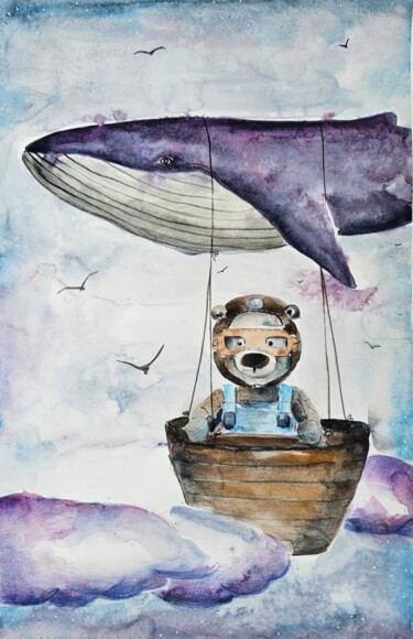 Pintura intitulada "Teddy Bear in The A…" por Evgenia Smirnova, Obras de arte originais, Aquarela